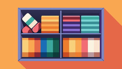 A colorful quilt is displayed in a closet. The quilt is made up of many different colors and patterns, and it is folded up and placed on a shelf. The closet is organized and tidy