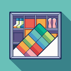 A colorful quilt is displayed in a closet. The quilt is made up of many different colors and patterns, and it is folded up and placed on a shelf. The closet is organized and tidy