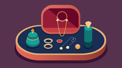 A table with a variety of jewelry and perfume bottles. The jewelry includes necklaces, bracelets, and earrings. The perfume bottles are in different sizes and colors