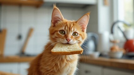 Curious Cat Holding Toast Slice