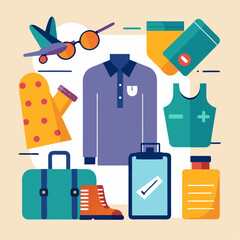 A colorful illustration of a suitcase with a list of items inside. The suitcase is green and has a check mark on it. There are several other items in the scene, including a pair of shoes, a bottle