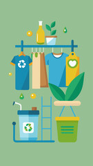 A clothes rack with clothes hanging on it and a green shirt with a recycle logo. A suitcase is also hanging on the rack