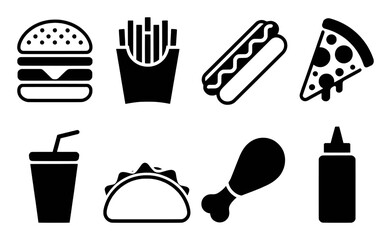 Collection of Fast Food Icons: Burger, Fries, Hot Dog, Pizza, Drink, Taco, Chicken Leg, Sauce