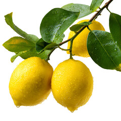 Fresh Delicious Lemons on Branch with Green Leaves