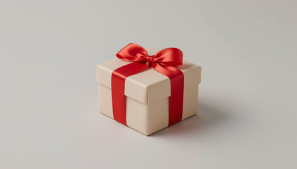 Obraz premium A small, elegant off-white gift box tied with a vibrant red satin ribbon and bow, sitting on a plain light gray background.