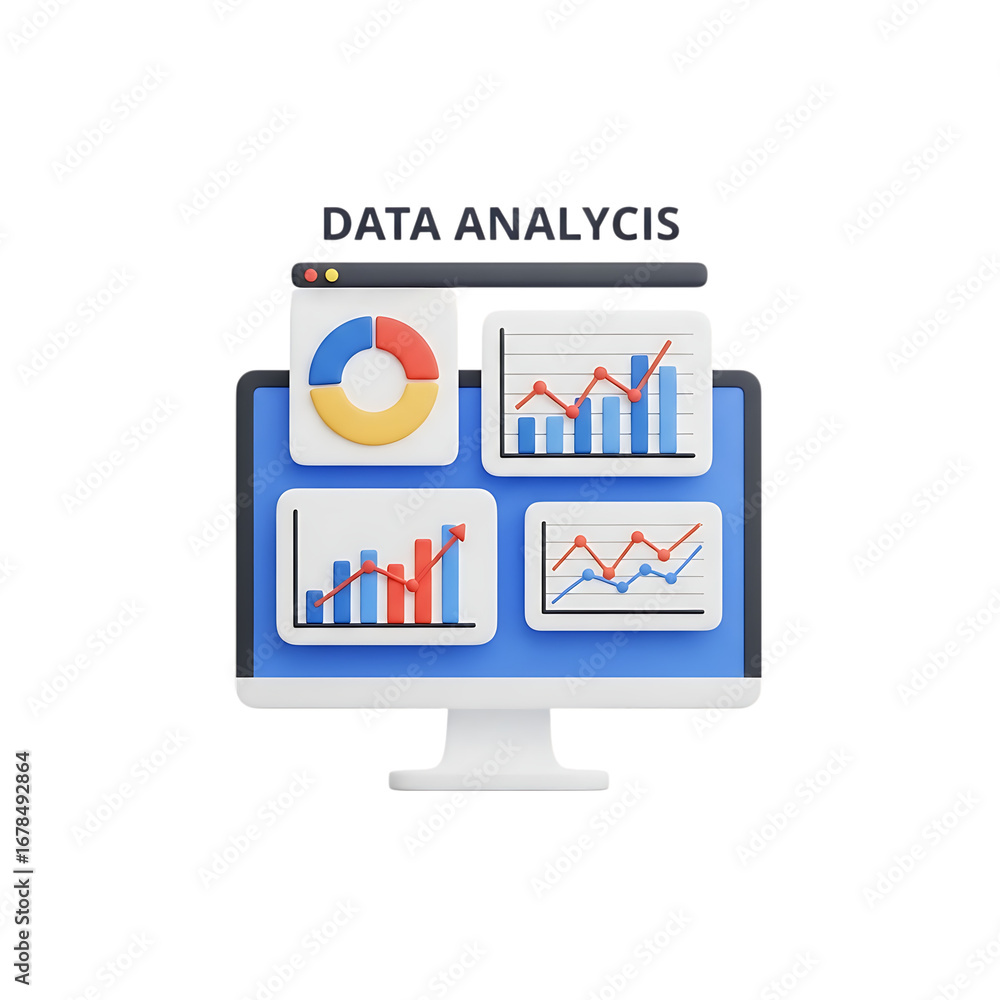 Poster 3d icon of data analysis on computer screen with charts and graphs isolated on transparent backgroun