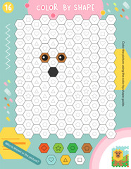 Activity Page for Kids Activity Book. Printable Sheet with Coloring Activities – color grid using shape key to make lion. Vector illustration. Puzzle with answer.