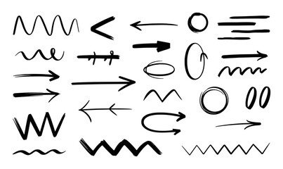 Collection of Hand-Drawn Arrows, Wavy Lines, and Circles in Black and White