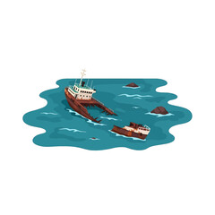 Sunken Pixel Shipwreck in Teal Ocean Waters Featuring Retro Nautical Maritime Disaster Illustration