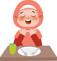 Muslim kid praying after eating meal