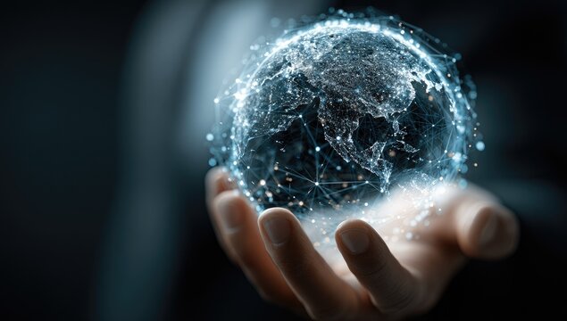 A hand holds a digital globe, network of lines and points overlaying a 3D model of Earth