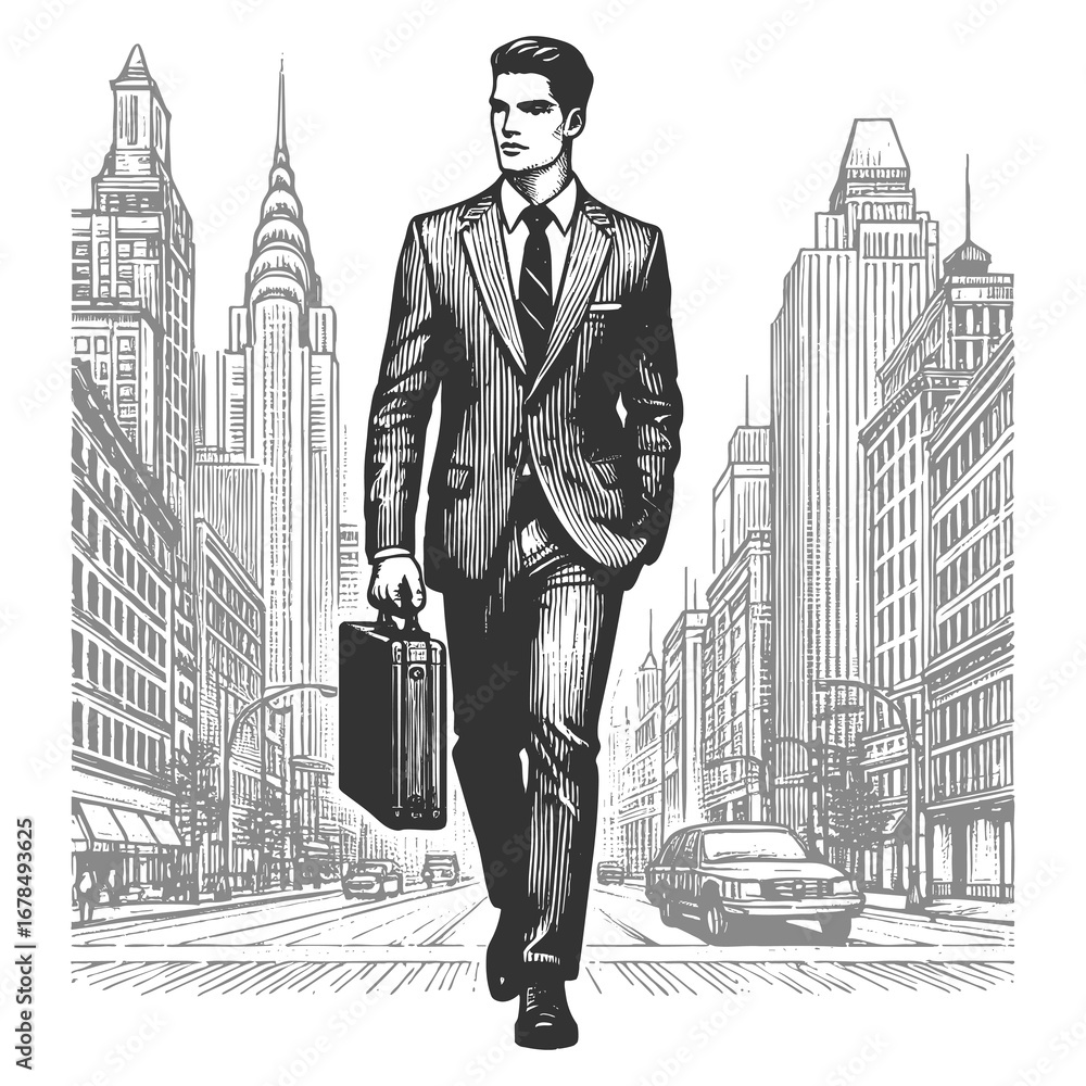 Poster man in a suit and hat carrying a briefcase, walking in city sketch engraving generative ai fictional
