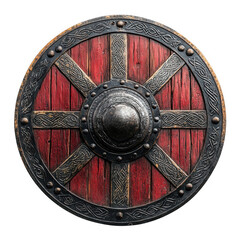 Ornate round wooden shield with metal detailing and red paint  Celtic knotwork design