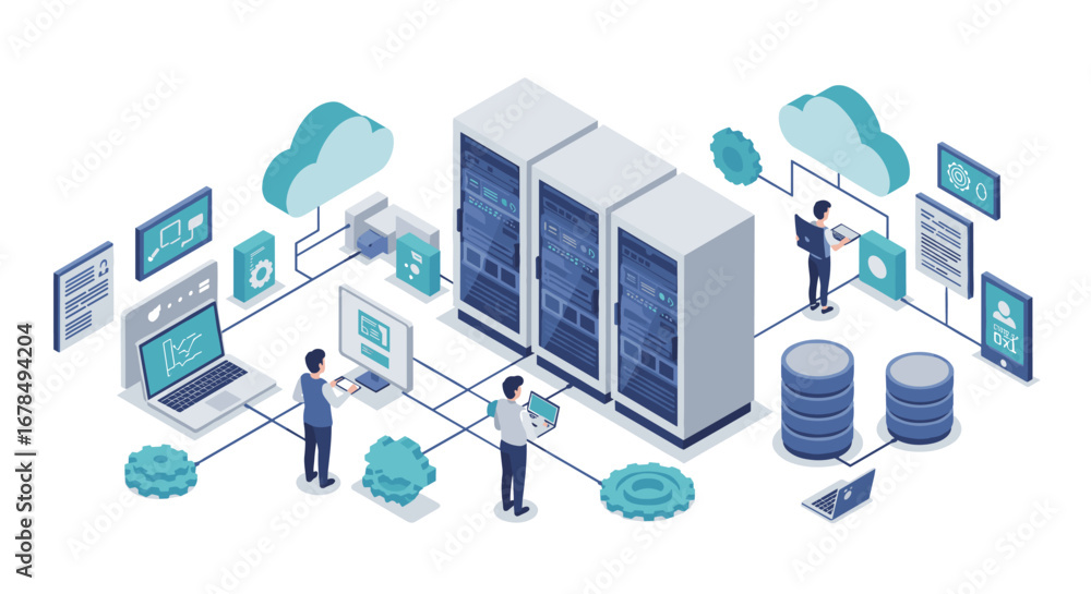 Aufkleber isometric data center network with cloud computing and it professionals