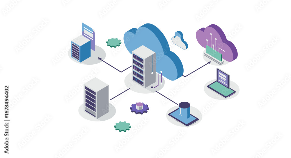 Aufkleber isometric cloud computing network with servers and devices
