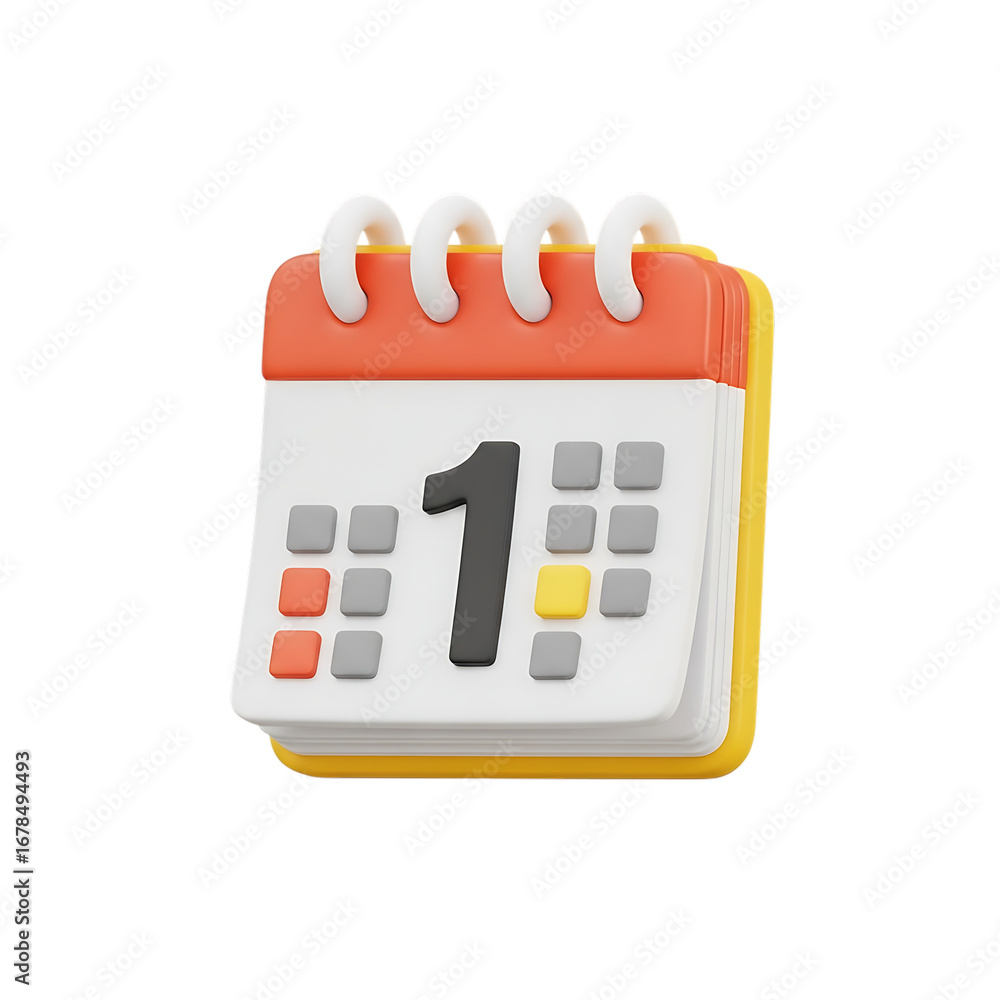 Fototapete 3d icon of 3d rendering of a calendar with the number one isolated on transparent background, repres