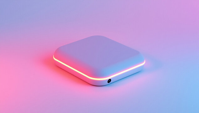 Isometric view of a modern, minimalist white electronic device with glowing neon edges and a port.