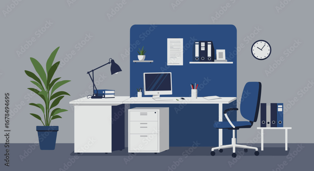 Poster modern office desk with computer and chair in minimalist workspace design