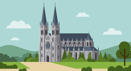 Obraz premium Majestic gothic cathedral in tranquil countryside with twin spires