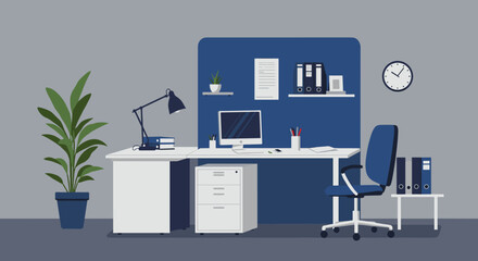 Modern office desk with computer and chair in minimalist workspace design