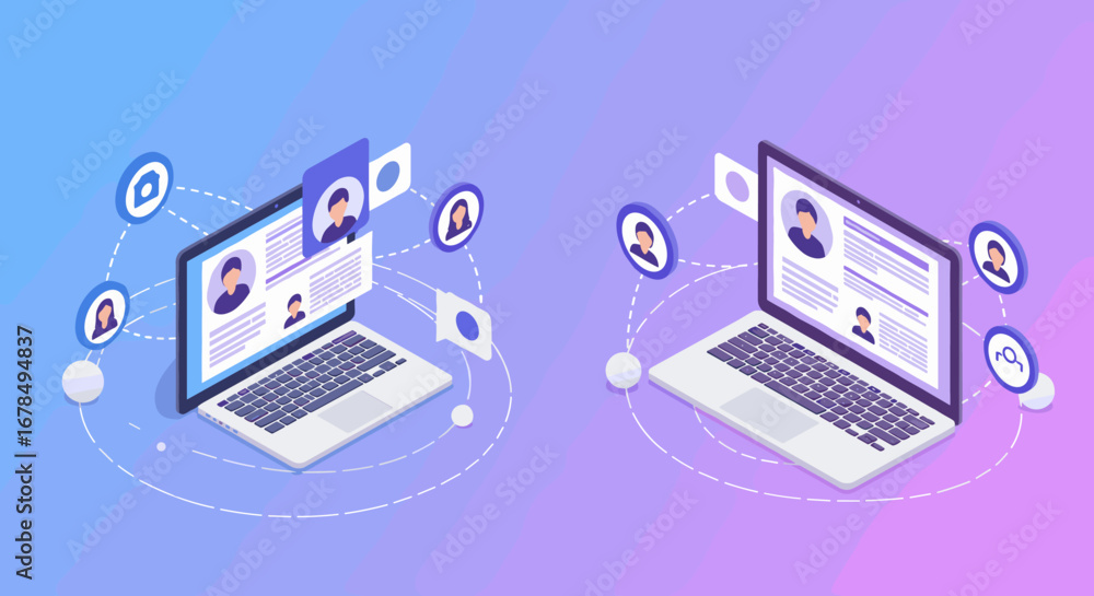Poster remote team collaboration concept with laptops and user avatars in isometric style