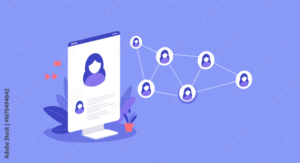 Aufkleber digital networking concept with profile on screen and connected avatars
