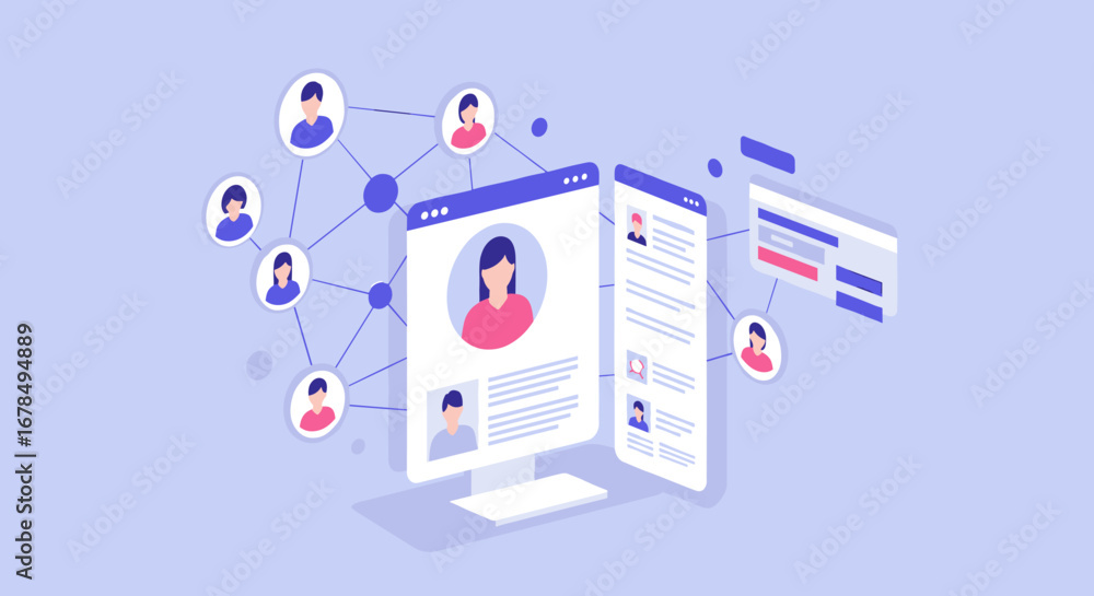 Poster collaborative digital networking concept with user profiles and online interaction elements