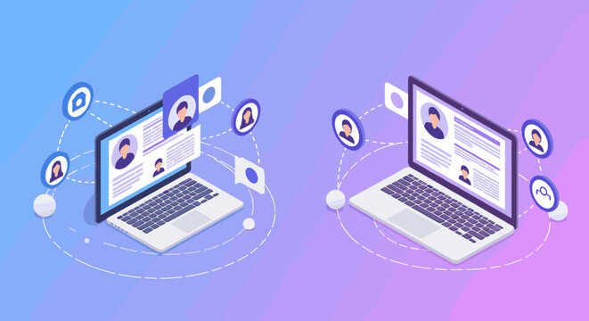 Remote team collaboration concept with laptops and user avatars in isometric style