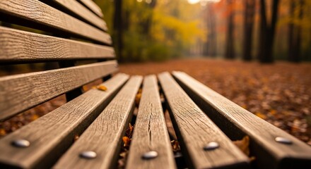 Rustic wooden park bench in a low angle perspective surrounded by fallen autumn leaves on ground