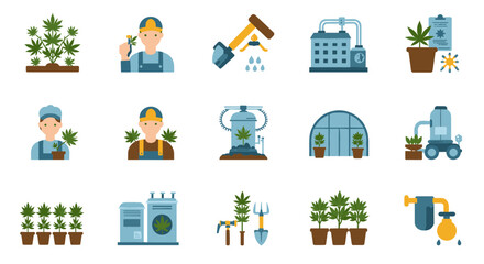 Cannabis cultivation flat icons set: equipment and plant care essentials for modern gardeners