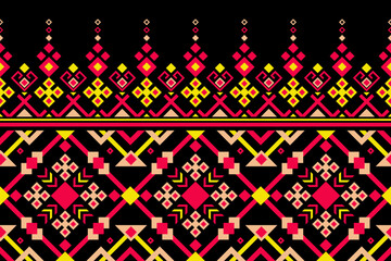 Native tribal geometric ethnic boho seamless pattern vector with neon details set on a black background ideal for cultural surface themes and modern decorative design.