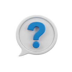 3d icon of blue question mark in a speech bubble isolated on transparent background, representing questions, help, support, and information seeking