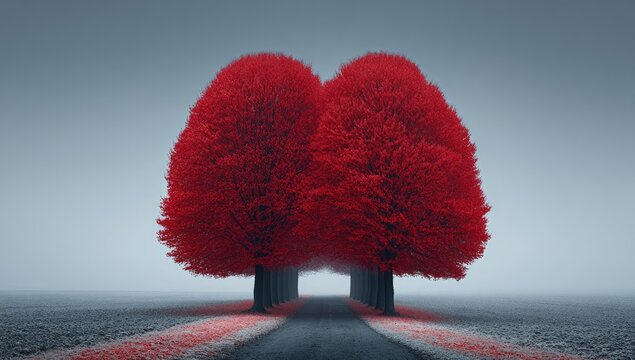 Red trees line a misty road