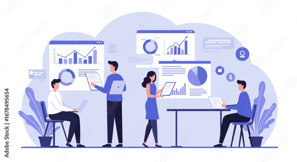 Poster business team analyzing data with charts and graphs in modern office setting
