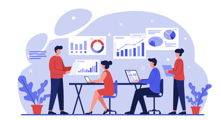 Modern office team collaborating on data analysis with charts and graphs