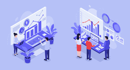 Fototapeta premium Isometric business analytics and teamwork in modern office environment