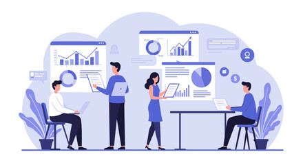 Business team analyzing data with charts and graphs in modern office setting