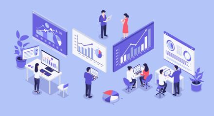 Fototapeta premium Collaborative team analyzing business data in modern isometric office with interactive graphs