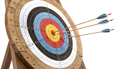 Wooden archery target with arrows hitting the bullseye isolated on transparent background