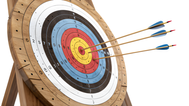 Wooden archery target with arrows hitting the bullseye isolated on transparent background