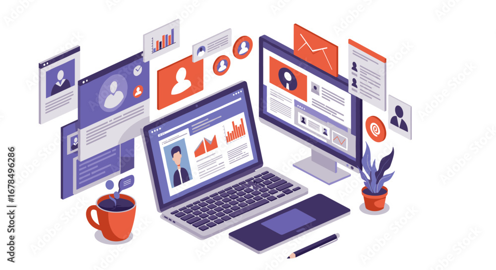 Poster isometric workspace with digital communication and data analytics elements