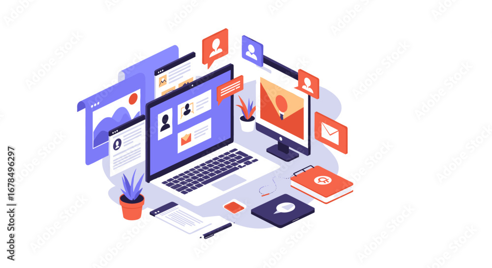 Poster modern isometric digital workspace with computers and communication elements