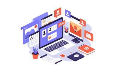 Obraz premium Modern isometric digital workspace with computers and communication elements