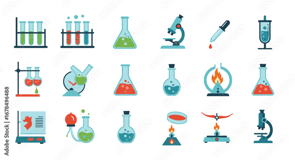 Poster colorful science equipment icons set featuring lab flasks and microscopes in flat design