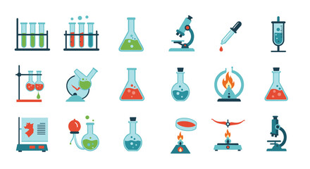 Colorful science equipment icons set featuring lab flasks and microscopes in flat design