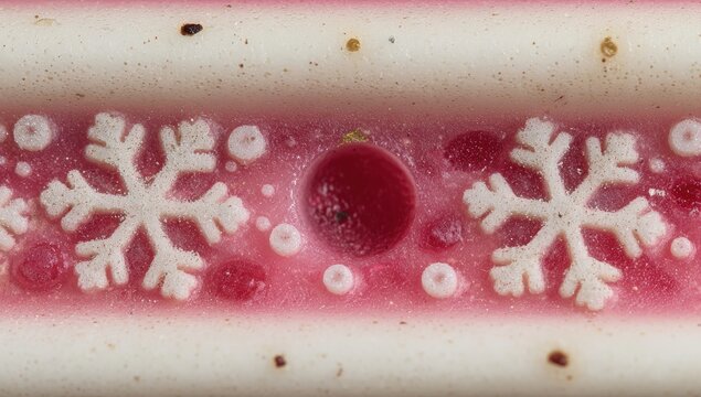 Close-up of a decorative design, featuring pink and white snowflake patterns with a small, dark circle