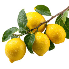 Fresh Delicious Lemons on Branch with Green Leaves