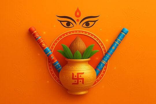 A festive navratri and durga puja festival greeting background with a decorated kalash, dandiya sticks, and a trishul for celebration