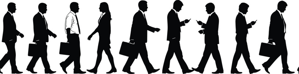 Silhouette business people walking in sequence, office workers with briefcases and smartphones, corporate commute, professional lifestyle, teamwork, modern workplace vector illustration