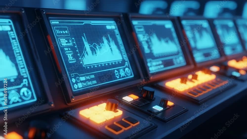 Aufkleber a futuristic control panel displays glowing blue graphs and data on multiple screens, with illuminat